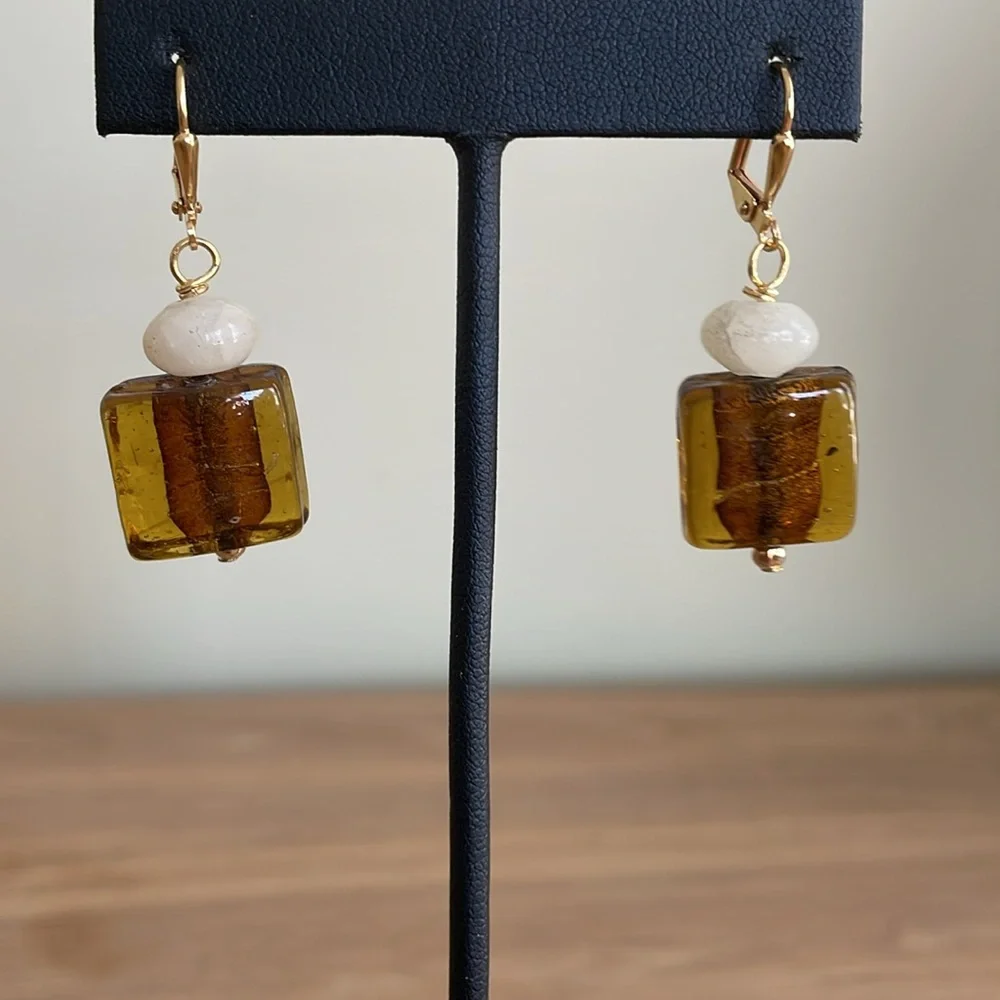 HAND CRAFTED EARRINGS Brown Dichroic Glass White Calcite